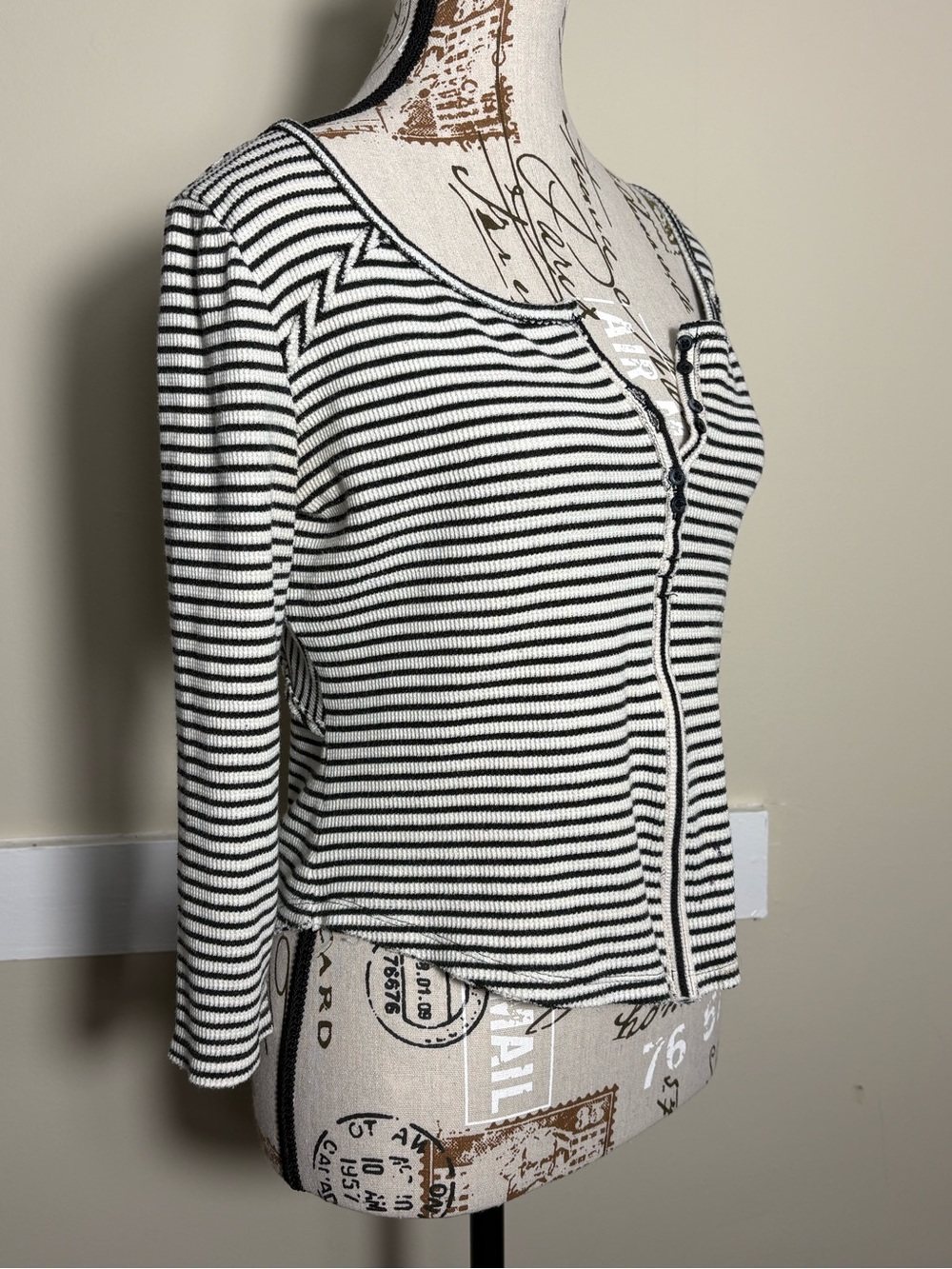 Free People We The Free Striped Thermal Henley Top Raw Seam Boho L - Picture 7 of 13